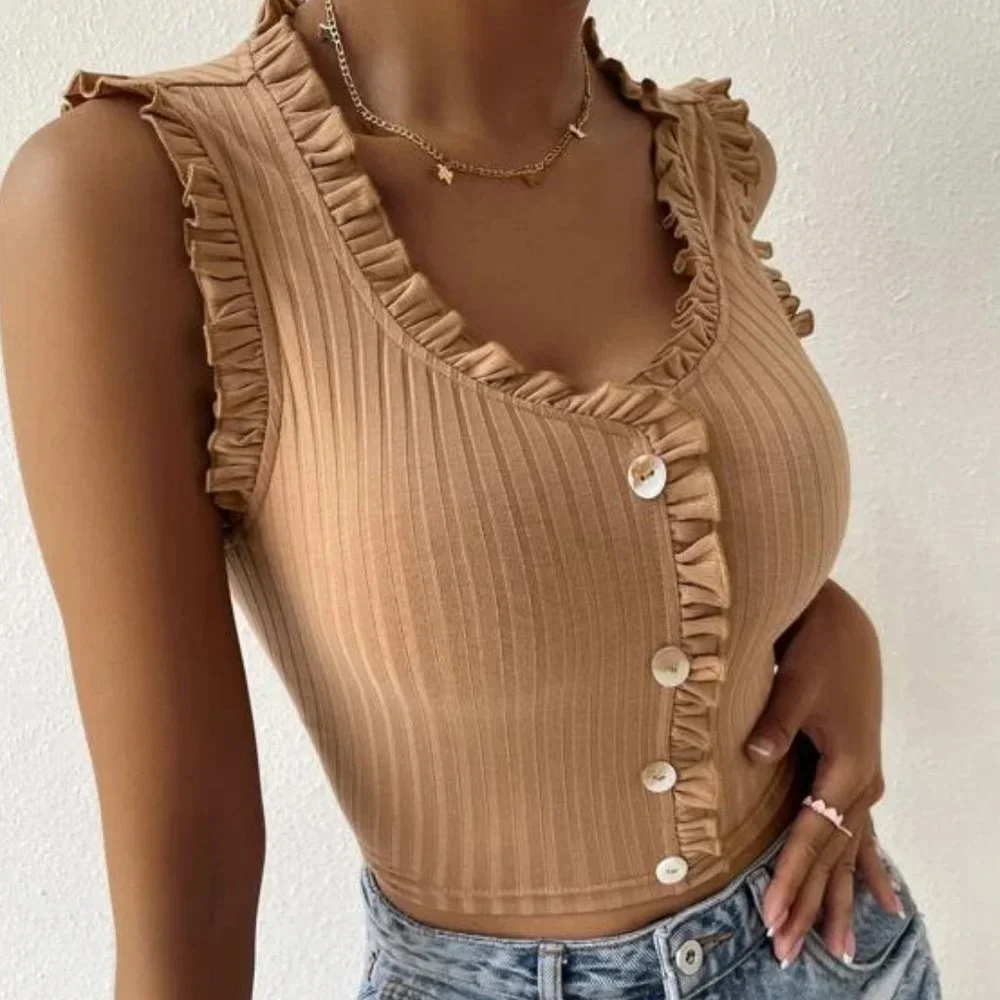Khaki Brown Ribbed ButtonTank Top in XL - Picture 3 of 3